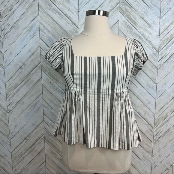 Rebecca Taylor Womens Cotton Square Neck Peplum Top Size 12 Stripe pattern - Picture 2 of 8
